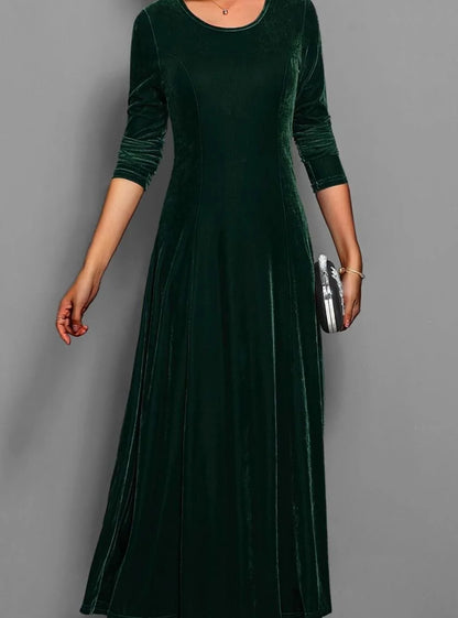 Velvet Maxi Dress – Red Long Sleeve Round Neck