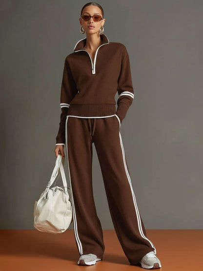 Half-Zip Loungewear Set with Wide-Leg Pants
