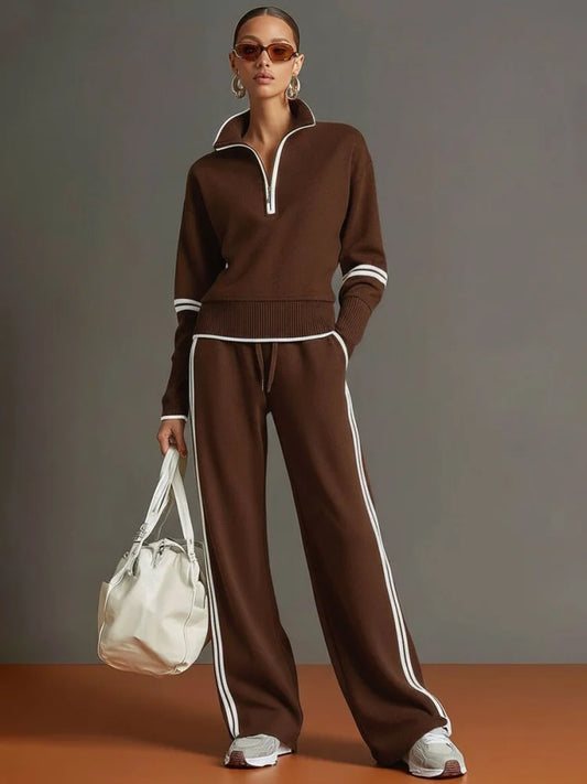 Half-Zip Loungewear Set with Wide-Leg Pants