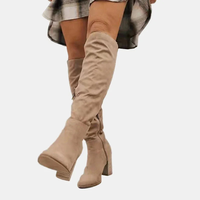 Ruched Block Heel Knee-High Boots