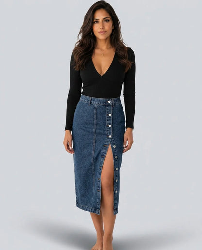Button-Front Denim Midi Skirt
