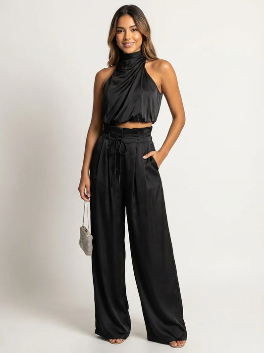 Aurora | Satin Pant Set Halter Top Wide Leg