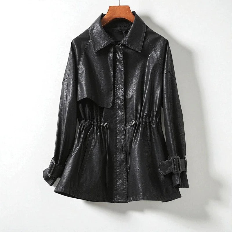 Women's Faux Leather Jacket with Drawstring Waist