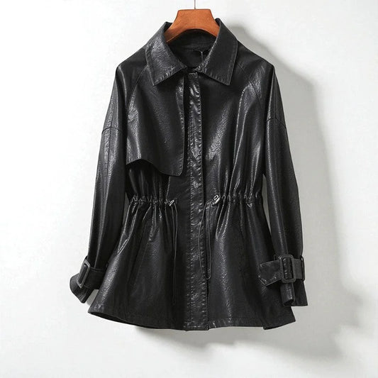 Women's Faux Leather Jacket with Drawstring Waist
