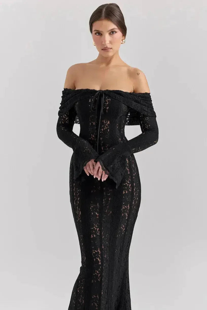 Lace Maxi Dress – Black Off-Shoulder Bell Sleeve