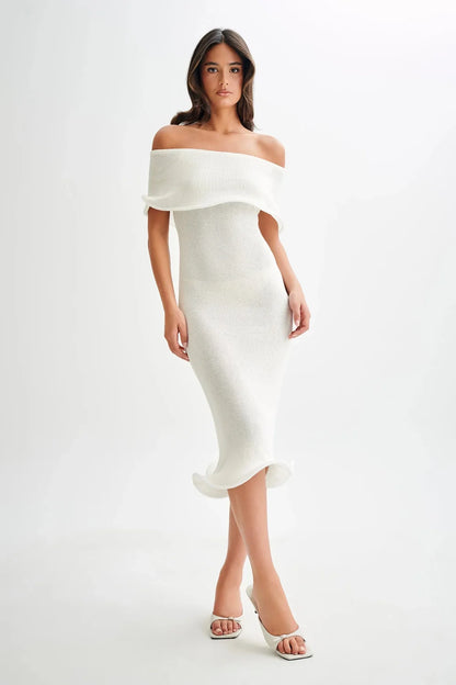 Sweater Dress – Black Off-Shoulder Midi