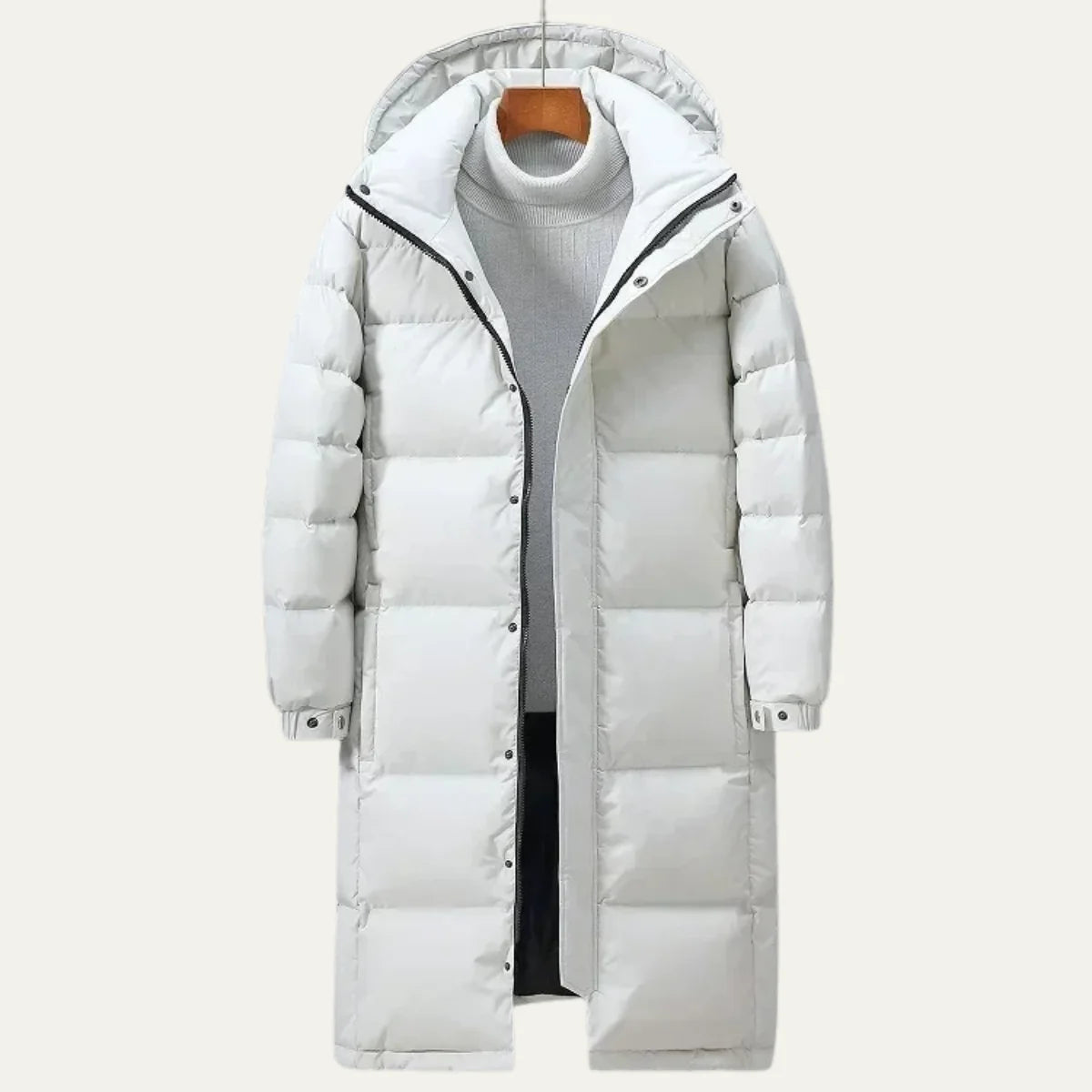 Men's Hooded Puffer Jacket – White Quilted Longline