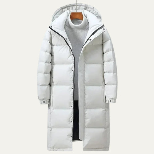 Men's Hooded Puffer Jacket – White Quilted Longline