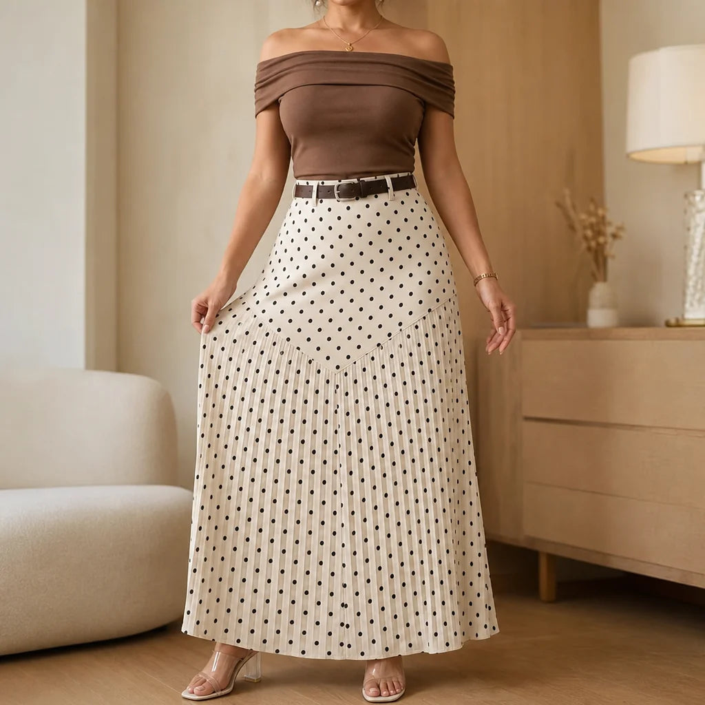 Polka Dot Pleated Midi Skirt