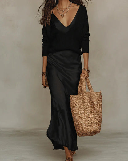 V-Neck Sweater and Satin Skirt Set