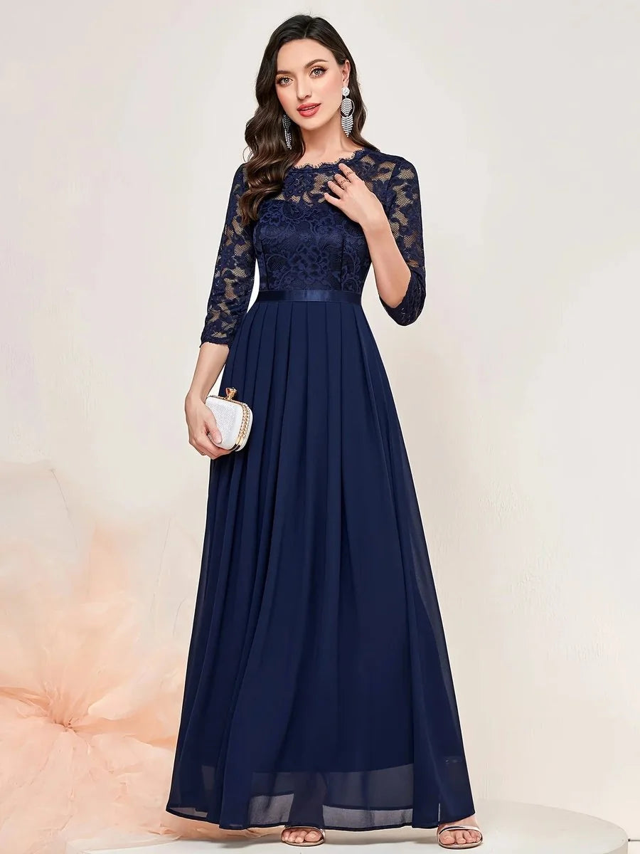 Lace Maxi Dress – Red Three-Quarter Sleeve