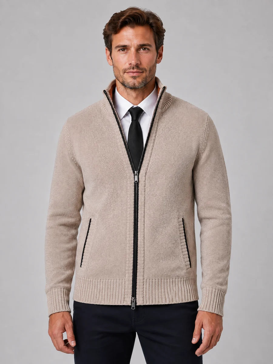 Men's Full Zip Knit Cardigan – Funnel Neck Textured Jumper