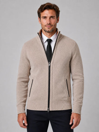 Men's Full Zip Knit Cardigan – Funnel Neck Textured Jumper