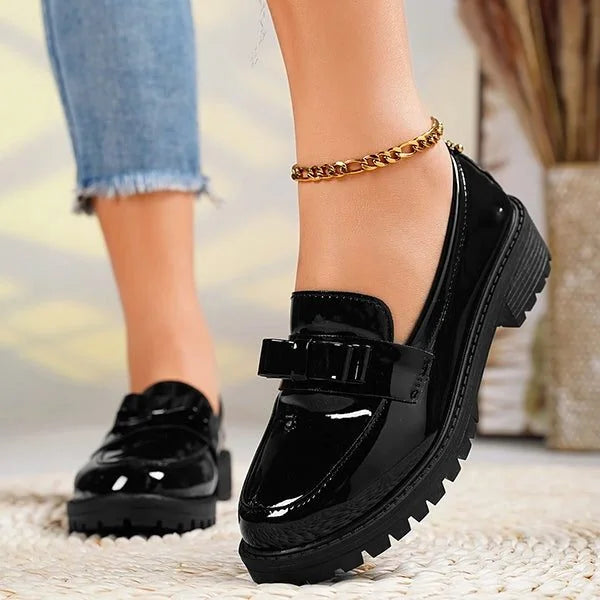 Patent Platform Loafers with Bow