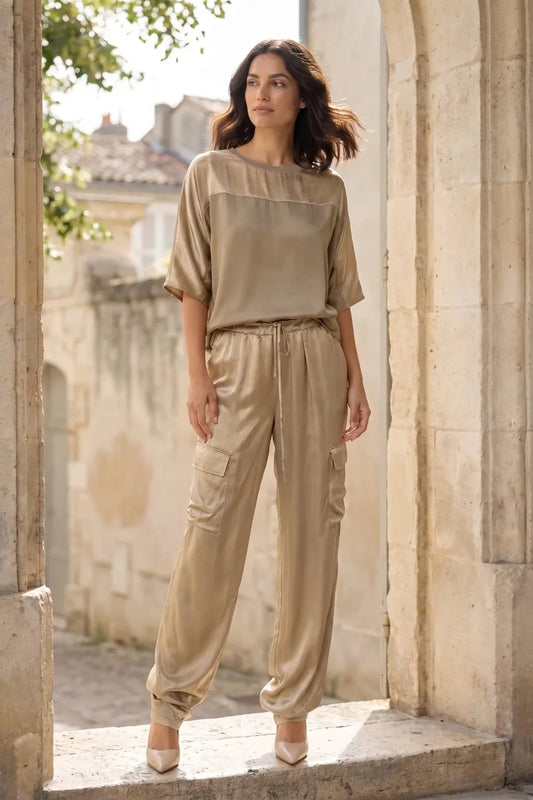 Satin Cargo Pants Set Two Piece