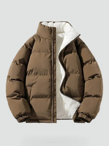 Men's Puffer Jacket – Black Fleece-Lined Stand Collar
