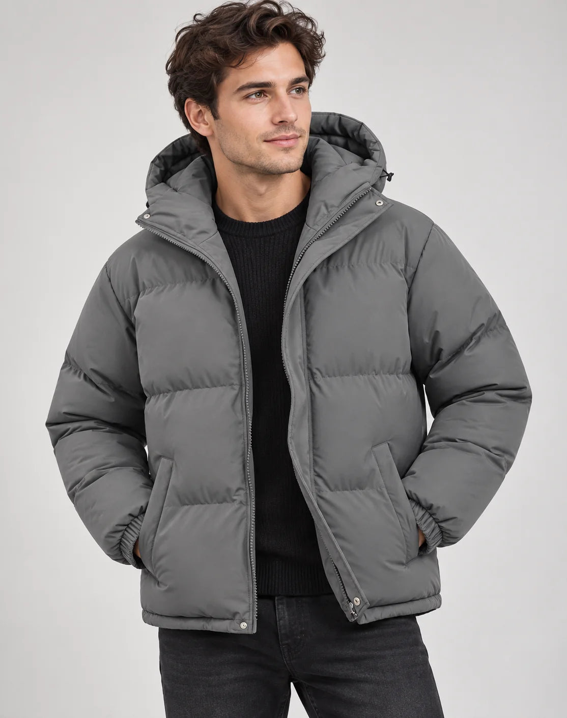 Men's Puffer Jacket – Black Hooded Quilted