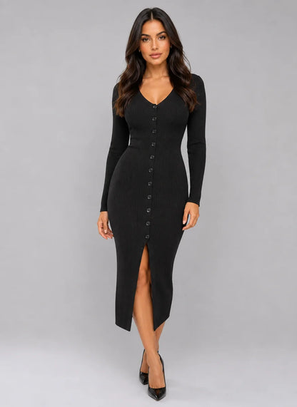 Ribbed Knit Button-Front Jumper Dress