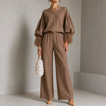 Balloon Sleeve Knit Top and Wide-Leg Pant Set