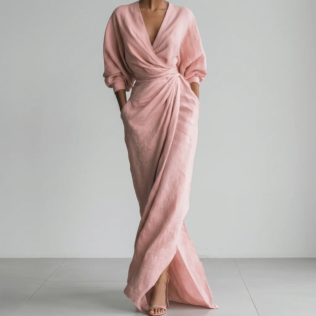 Ruched Wrap-Front Long Sleeve Maxi Dress