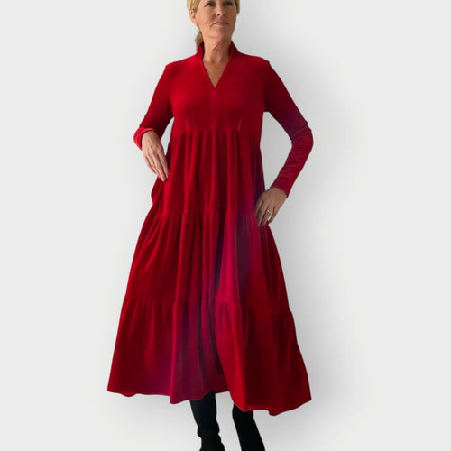 Velvet Maxi Dress – Red Tiered Long Sleeve V-Neck