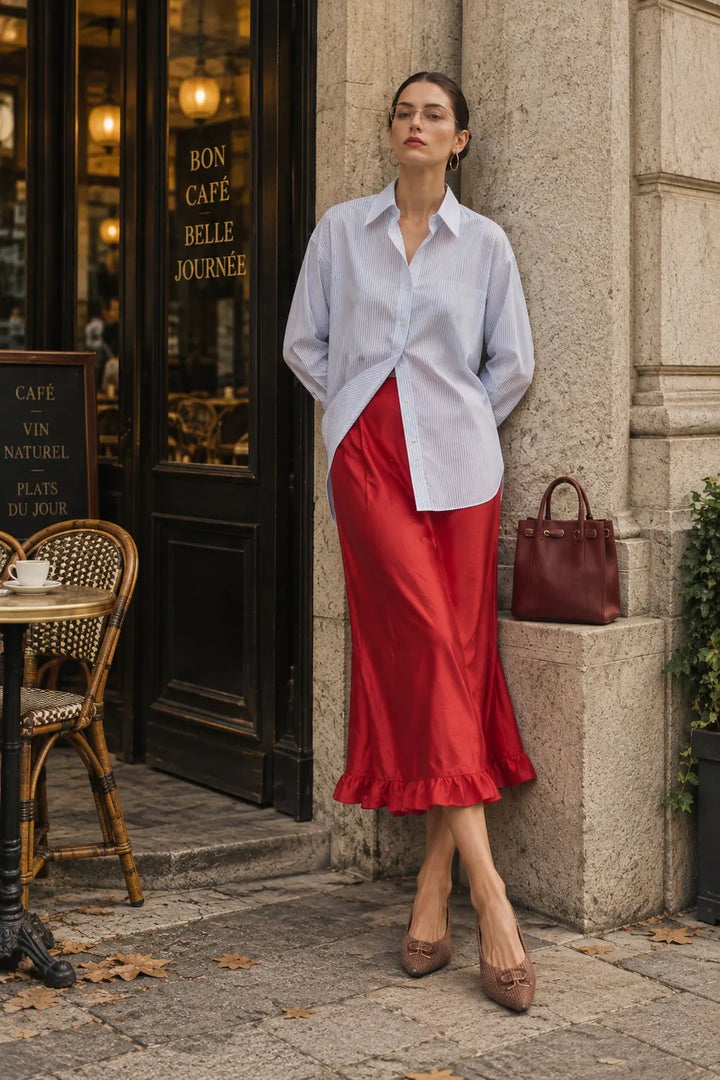 Ruffle Hem Midi Skirt Tencel Blend