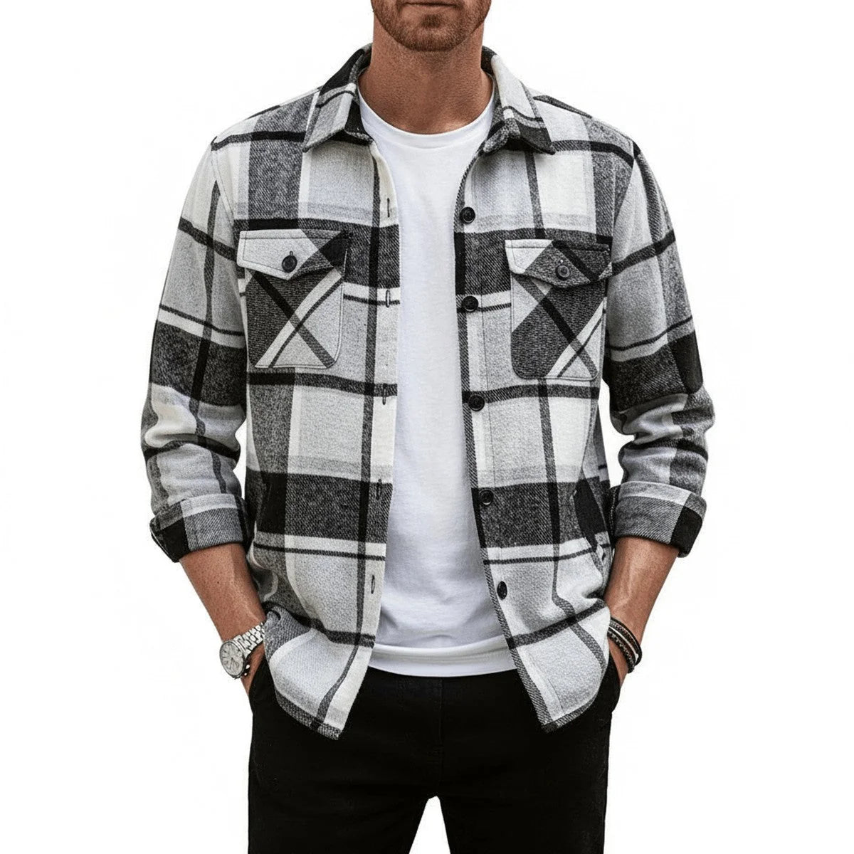 Men's Plaid Flannel Shacket with Sherpa Collar