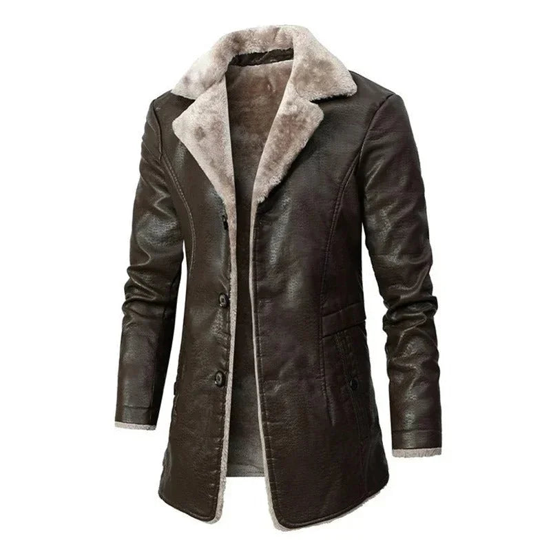 Men's Fleece-Lined Longline Winter Coat with Lapel