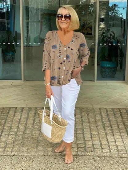 V-Neck Three-Quarter Sleeve Printed Blouse