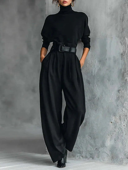 High-Neck Top and Wide-Leg Pant Set with Belt