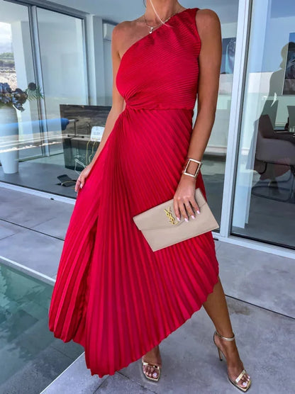 Wedding Guest Dress – Red One-Shoulder Pleated Maxi