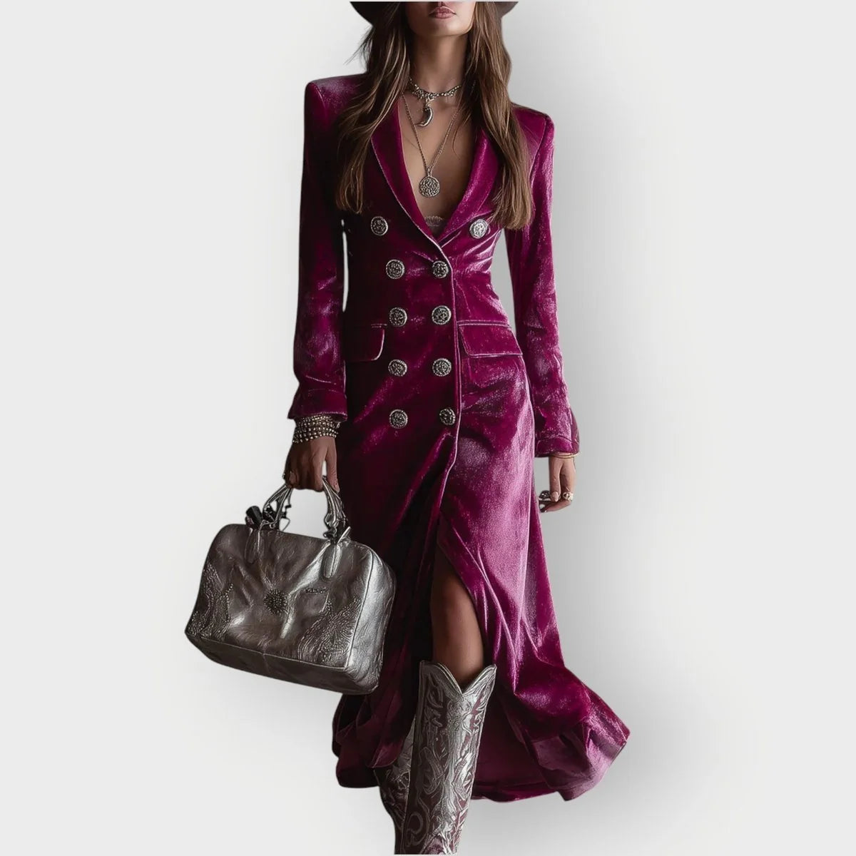Velvet Maxi Dress – Purple Double-Breasted Long Sleeve