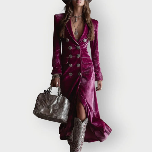 Velvet Maxi Dress – Purple Double-Breasted Long Sleeve