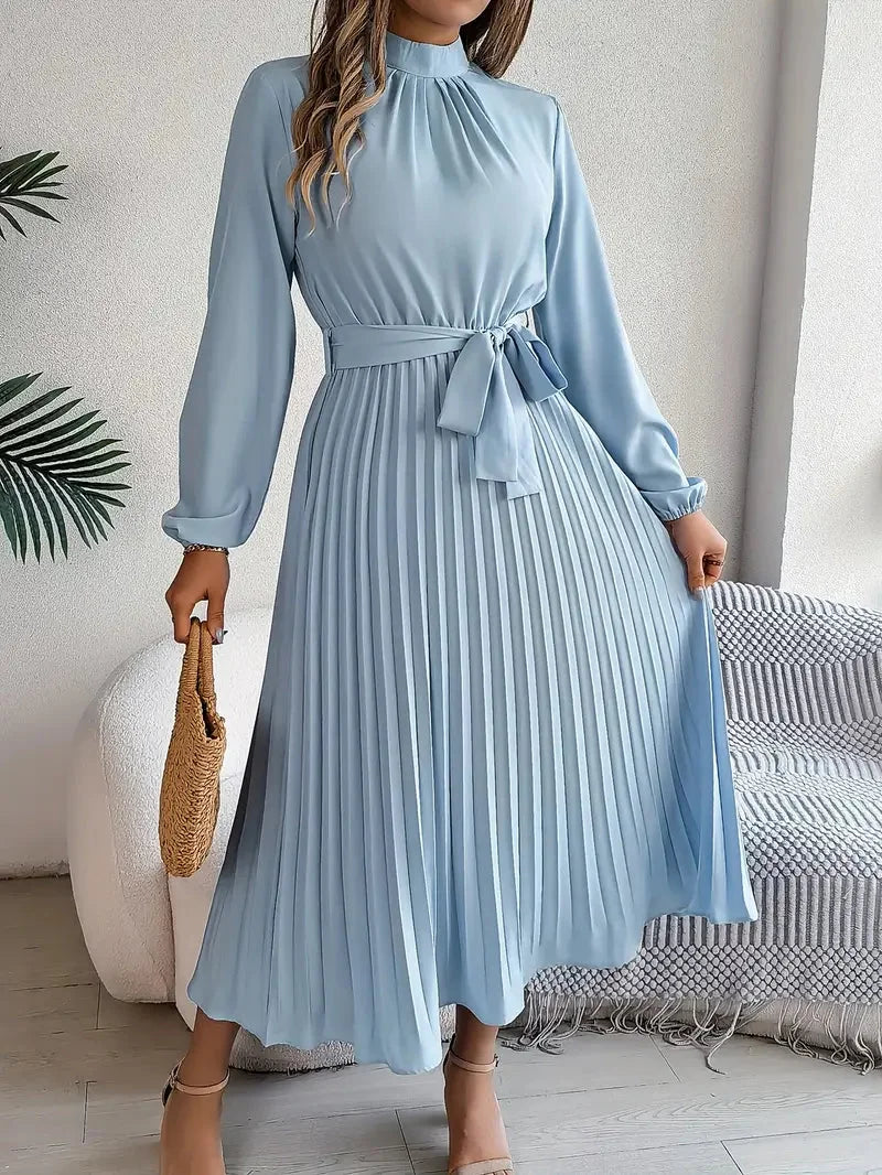 Long Sleeve Pleated Belted Dress