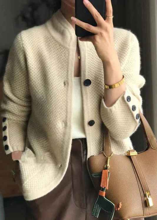 Stand Collar Cardigan Ribbed Knit Button Front