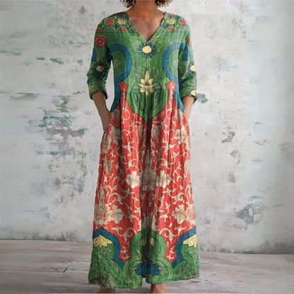 V-Neck Long Sleeve Printed Maxi Dress