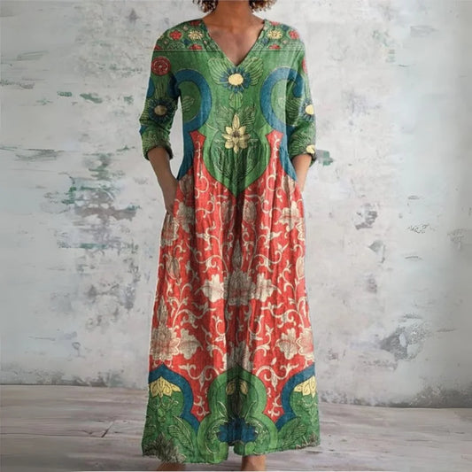 V-Neck Long Sleeve Printed Maxi Dress