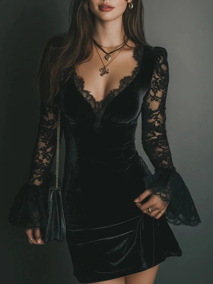 Velvet Lace Long Sleeve Cocktail Dress