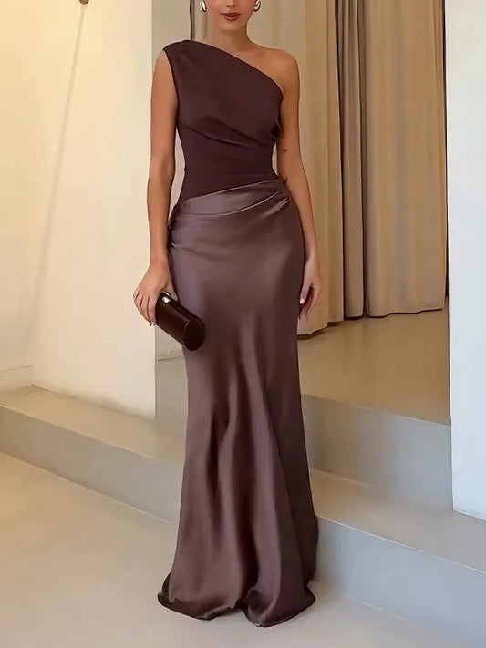 Wedding Guest Dress – Brown One-Shoulder Ruched Maxi