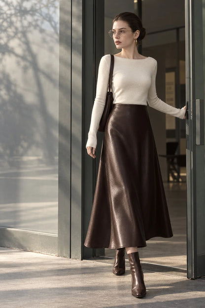 Faux Leather Midi Skirt Pleated A-Line