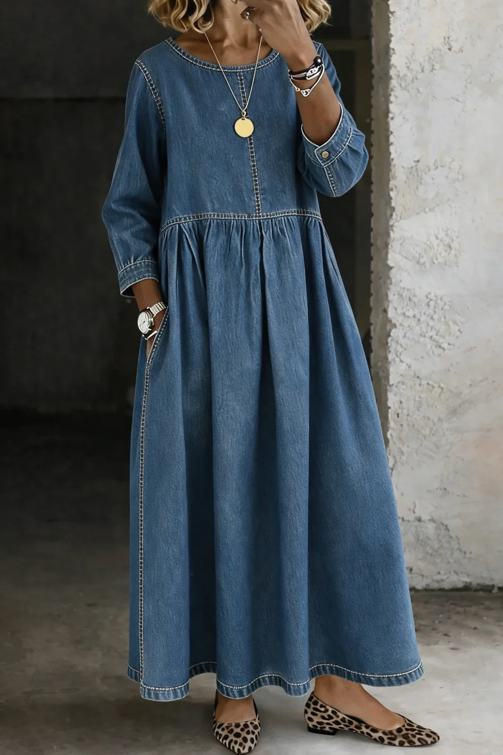Long Sleeve Denim Maxi Dress with Pockets