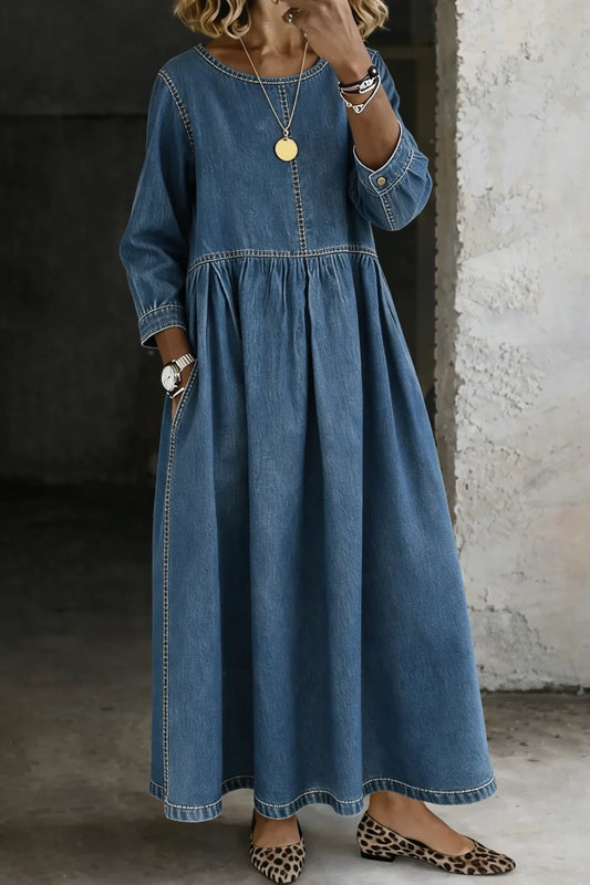 Long Sleeve Denim Maxi Dress with Pockets