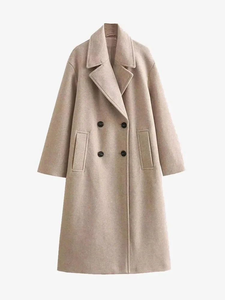 Wool Coat – Beige Double-Breasted Long Wool-Blend