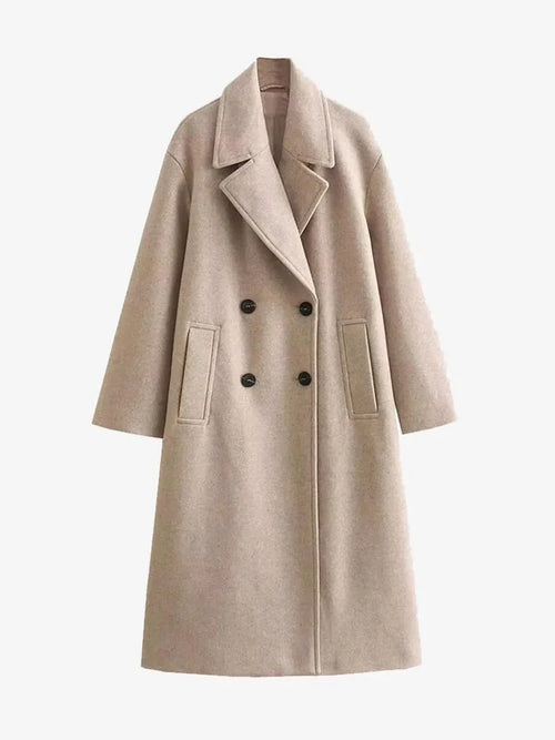 Wool Coat – Beige Double-Breasted Long Wool-Blend
