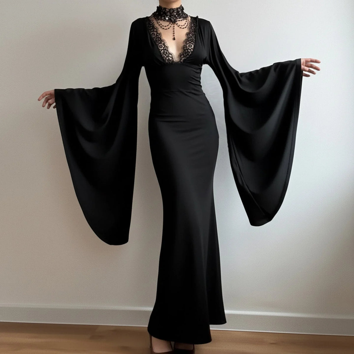 Lace Maxi Dress – Black Flared Sleeve V-Neck