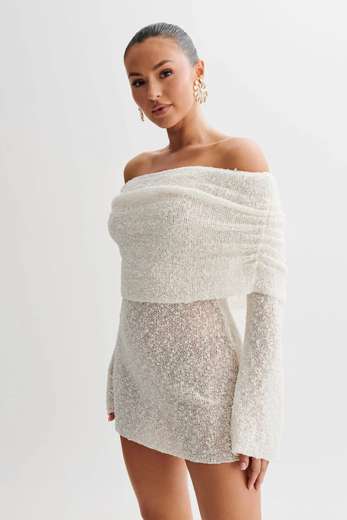 Sweater Dress – White Off-Shoulder Fitted Mini