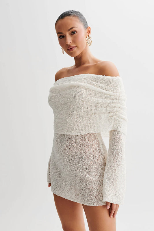 Sweater Dress – White Off-Shoulder Fitted Mini