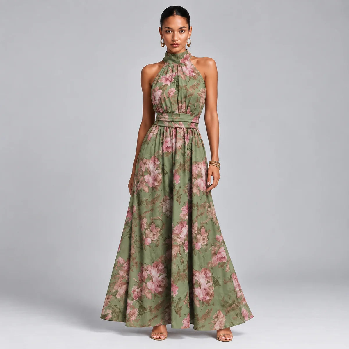 Floral Halter Chiffon Wedding-Guest Maxi Dress