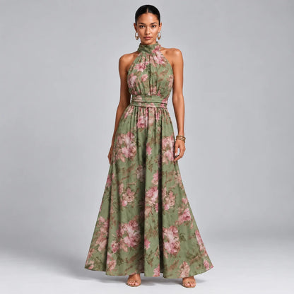 Floral Halter Chiffon Wedding-Guest Maxi Dress