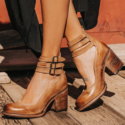 Ankle Boots Triple Buckle Strap Block Heel